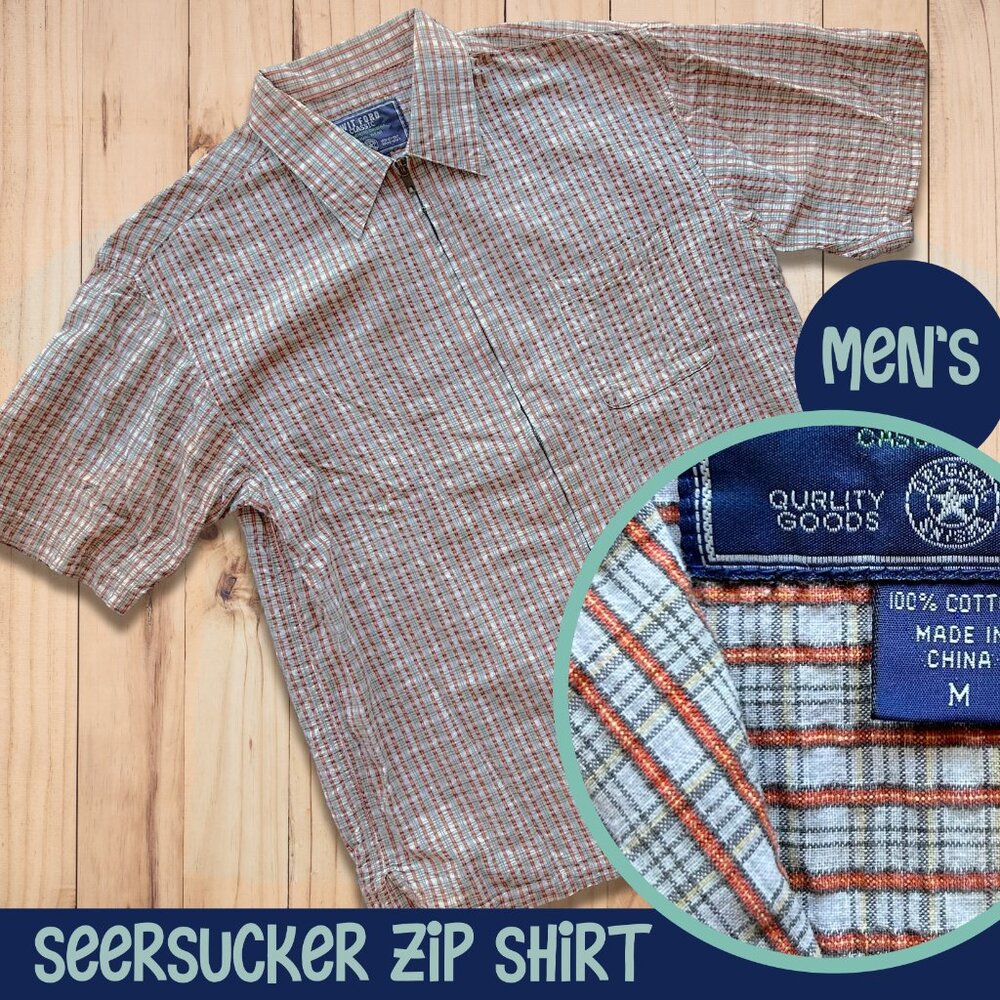 Men's Wit Ford Seersucker Zip Front Short Sleeve Shirt 👕💚🧡